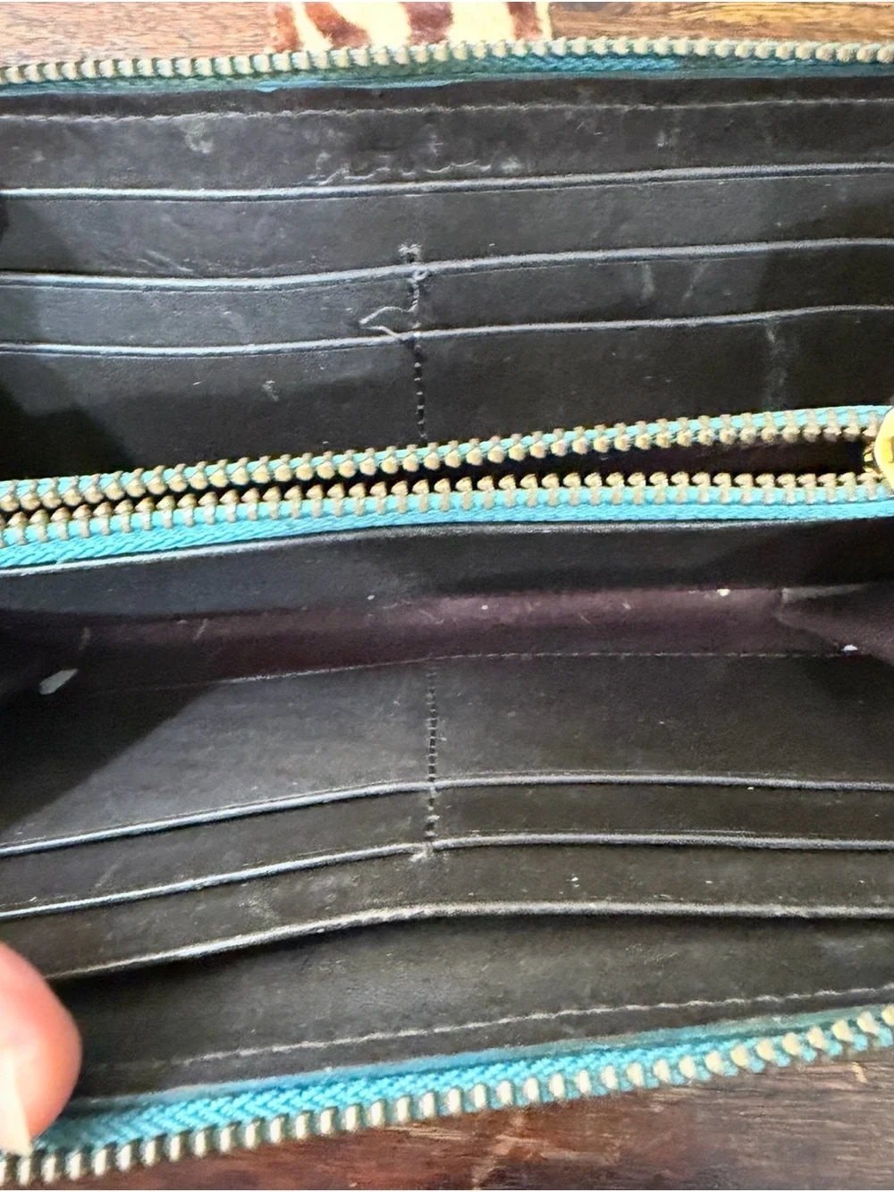 Vintage Boden Zebra Calf Hair turquoise trim zipper wallet